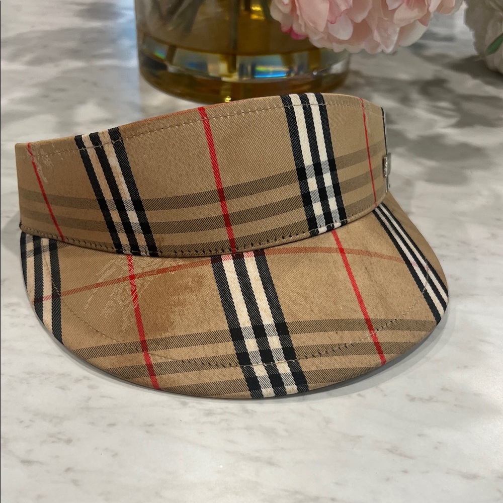 Burberry Beige Plaid Visor with Black, White and Red Accents